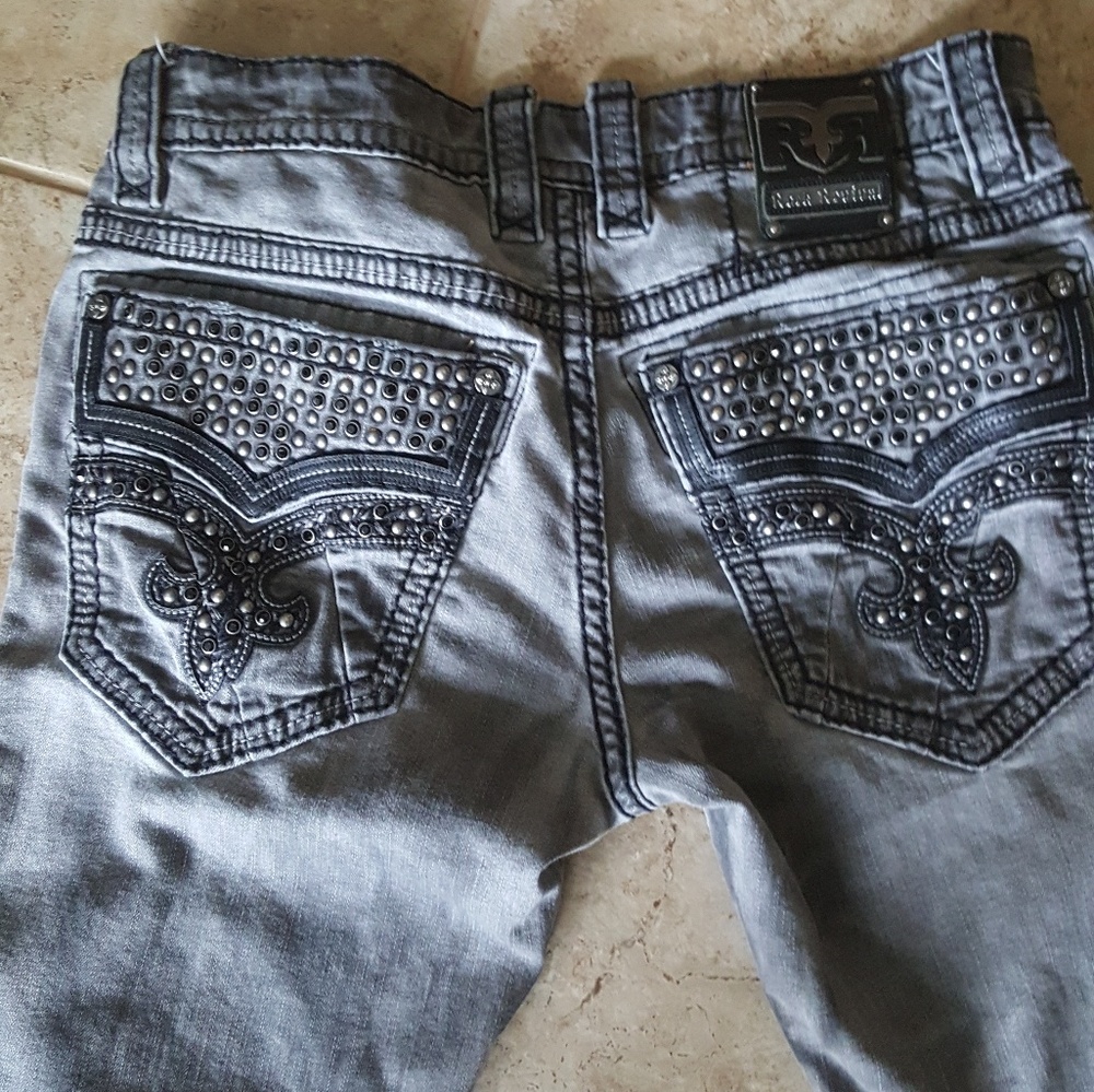 Men's 34X32 Rock Revival Jeans Grey with crystals